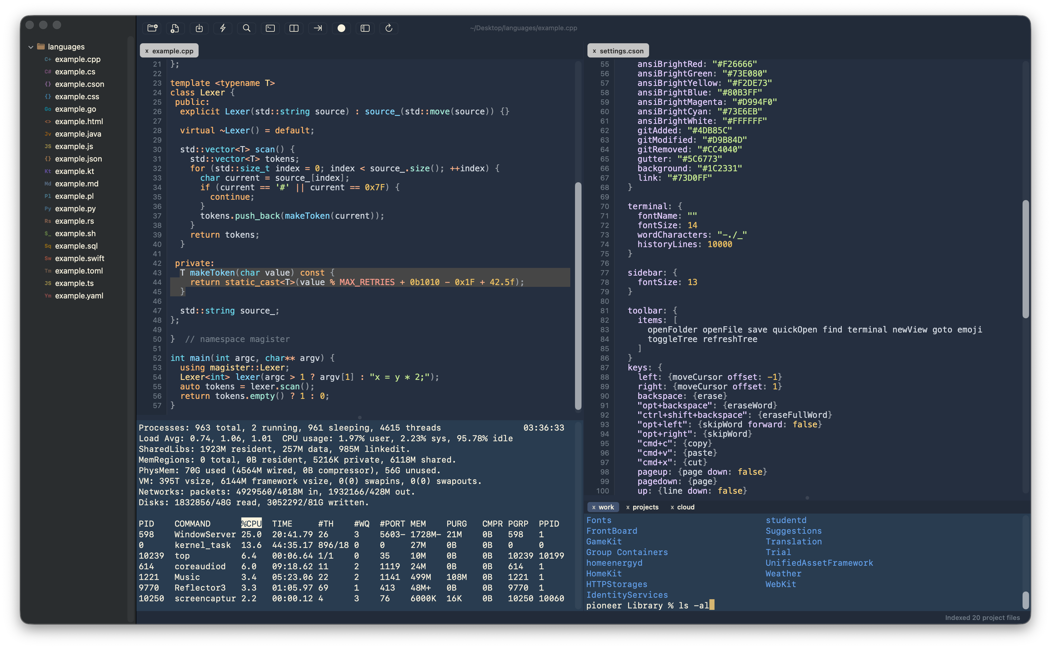 Magister Code showing a project sidebar, two code editor columns, an integrated terminal, and autocomplete