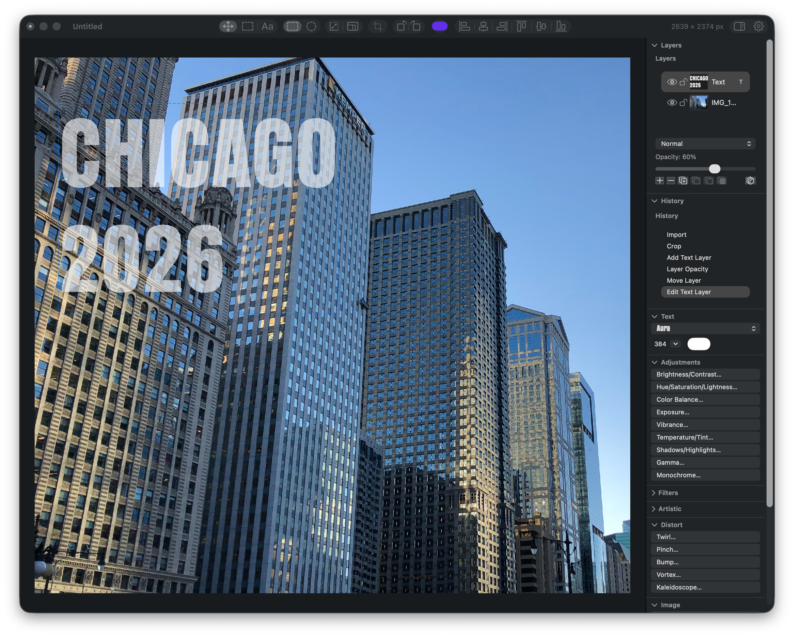 Magister Images editing a city photograph with live text, layers, history, adjustments, filters, and distortions