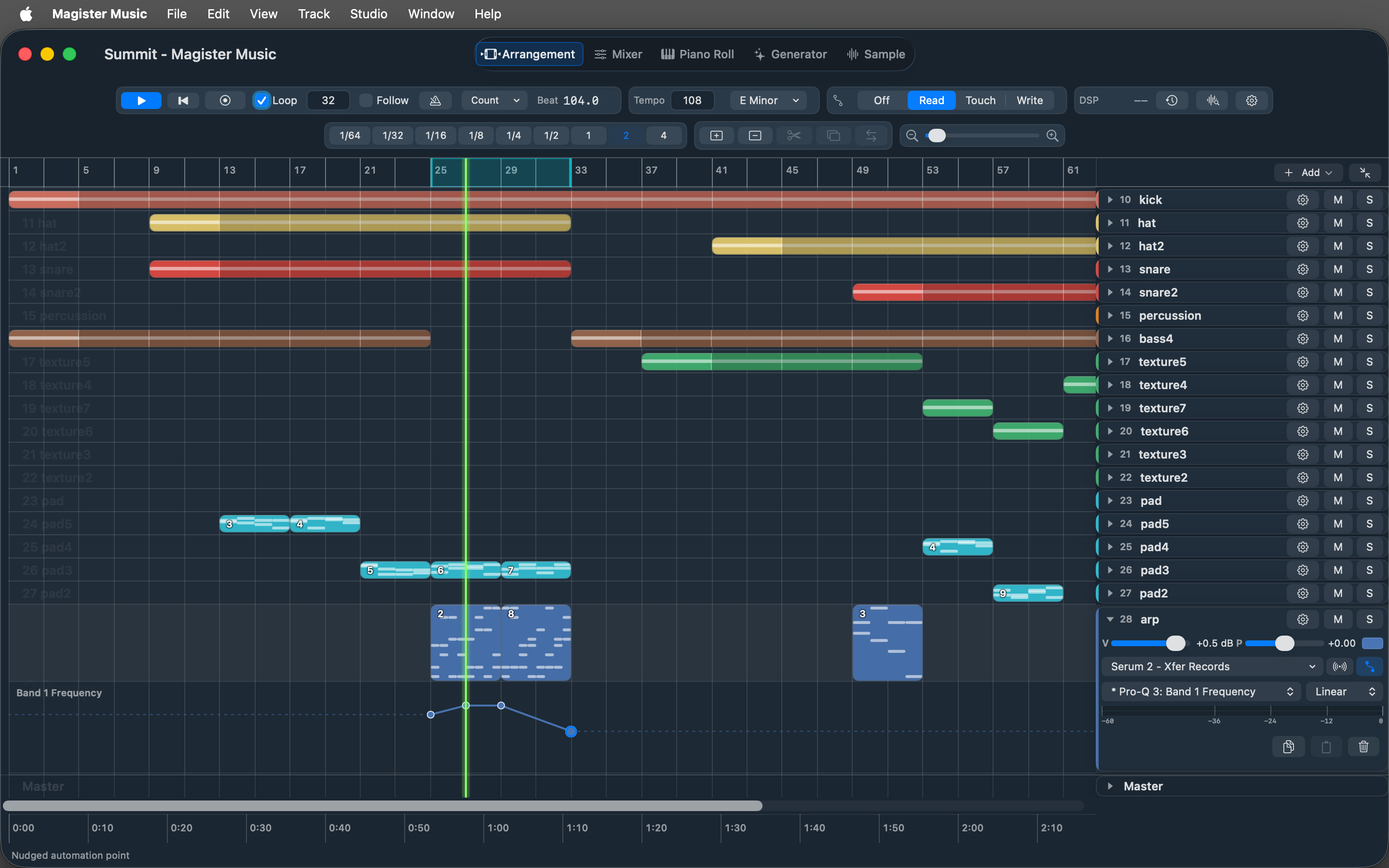 Magister Music arrangement view with tracks, clips, and automation controls